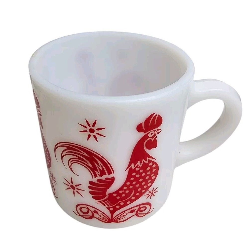 Hazel Atlas Platonite Milk Glass Red Rooster‎ Chicken Coffee Cup / Mug Vintage